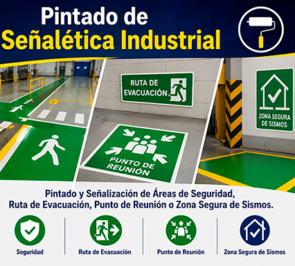 Pintado de Señalética Industrial. Pintado y Señalización de Áreas de Seguridad, Ruta de Evacuación, Punto de Reunión o Zona Segura de Sismos.