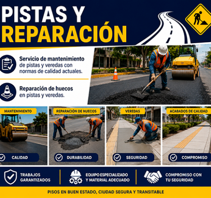 Pistas y Reparación. Servicio de mantenimiento de pistas y veredas con normas de calidad actuales, Reparación de huecos en pistas y veredas.
